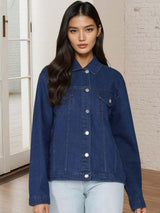 Kotty Women Spread Collar Solid Denim Jacket