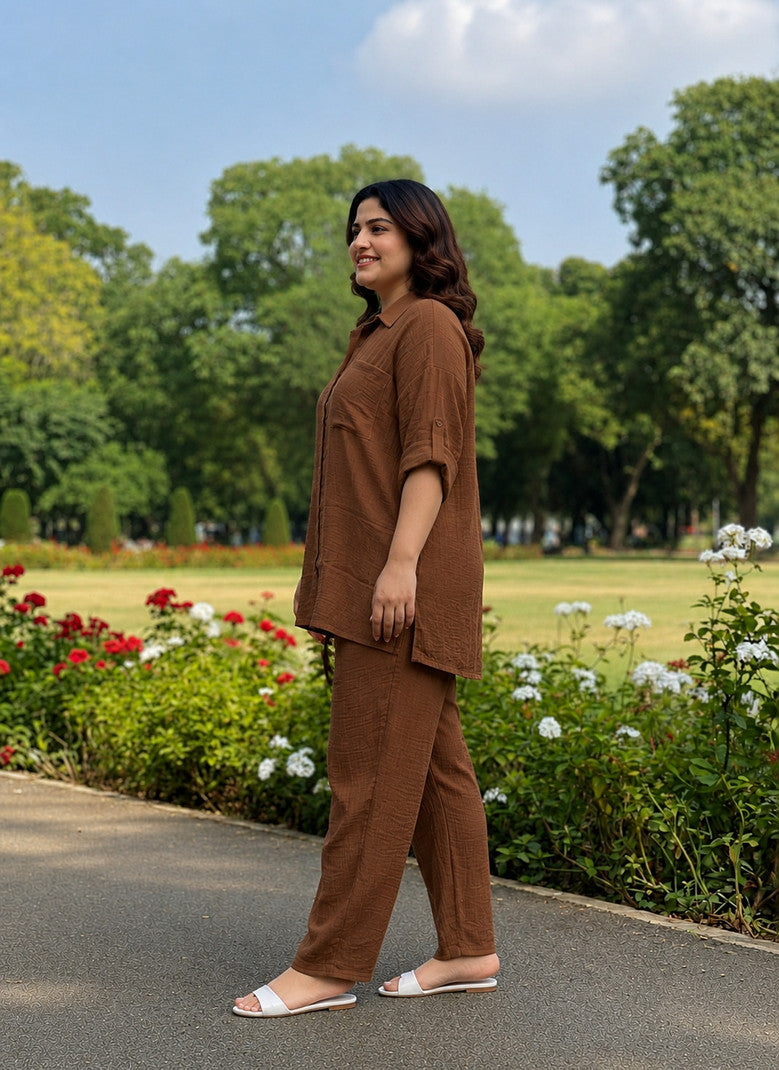 Women’s Brown Cotton Co Ord Set Casual Wear