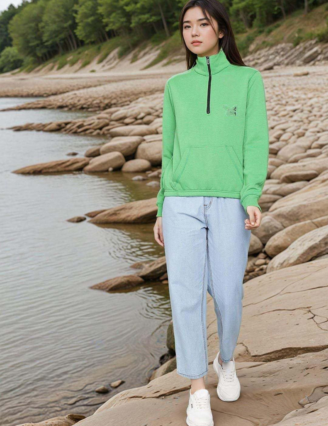 Kotty Women Graphic Printed High Neck Half Zipper Sweatshirt