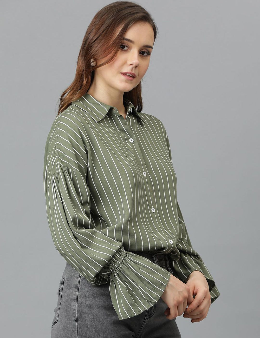 Kotty Women Comfort Spread Collar Vertical Striped Cotton Oversized Casual Shirt