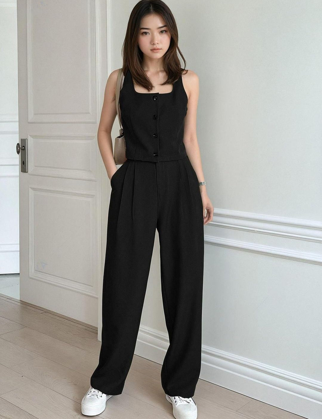 Kotty Black Square Neck Sleeveless Top With Skirt 