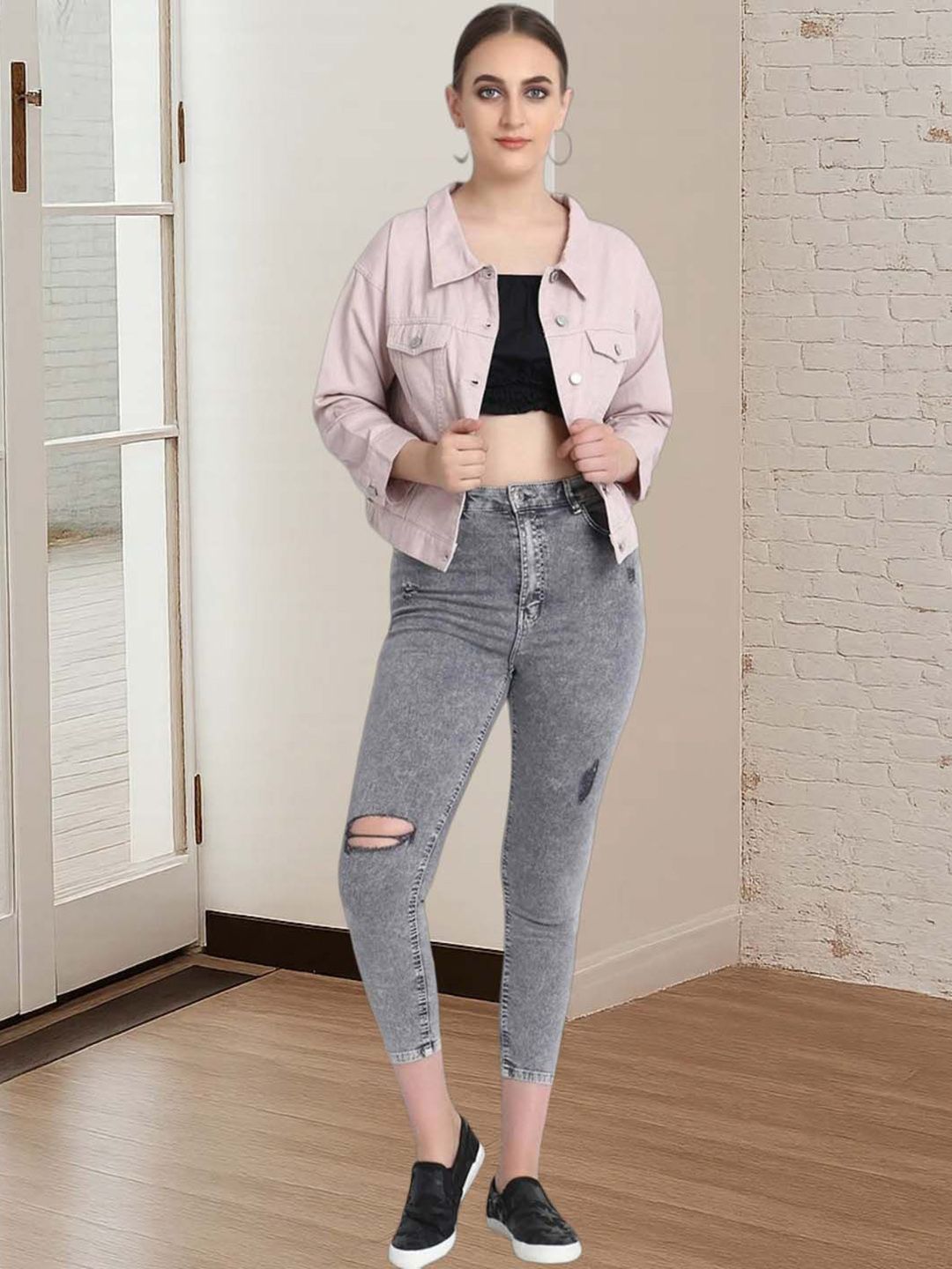 Kotty Women Spread Collar Solid Denim Jacket