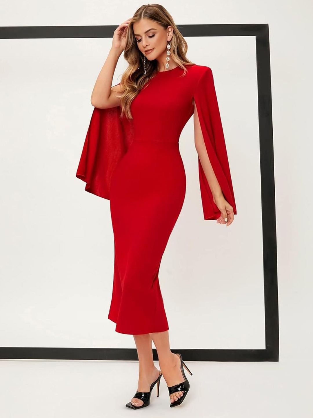Kotty Women Slit Sleeves Bodycon Midi Dress