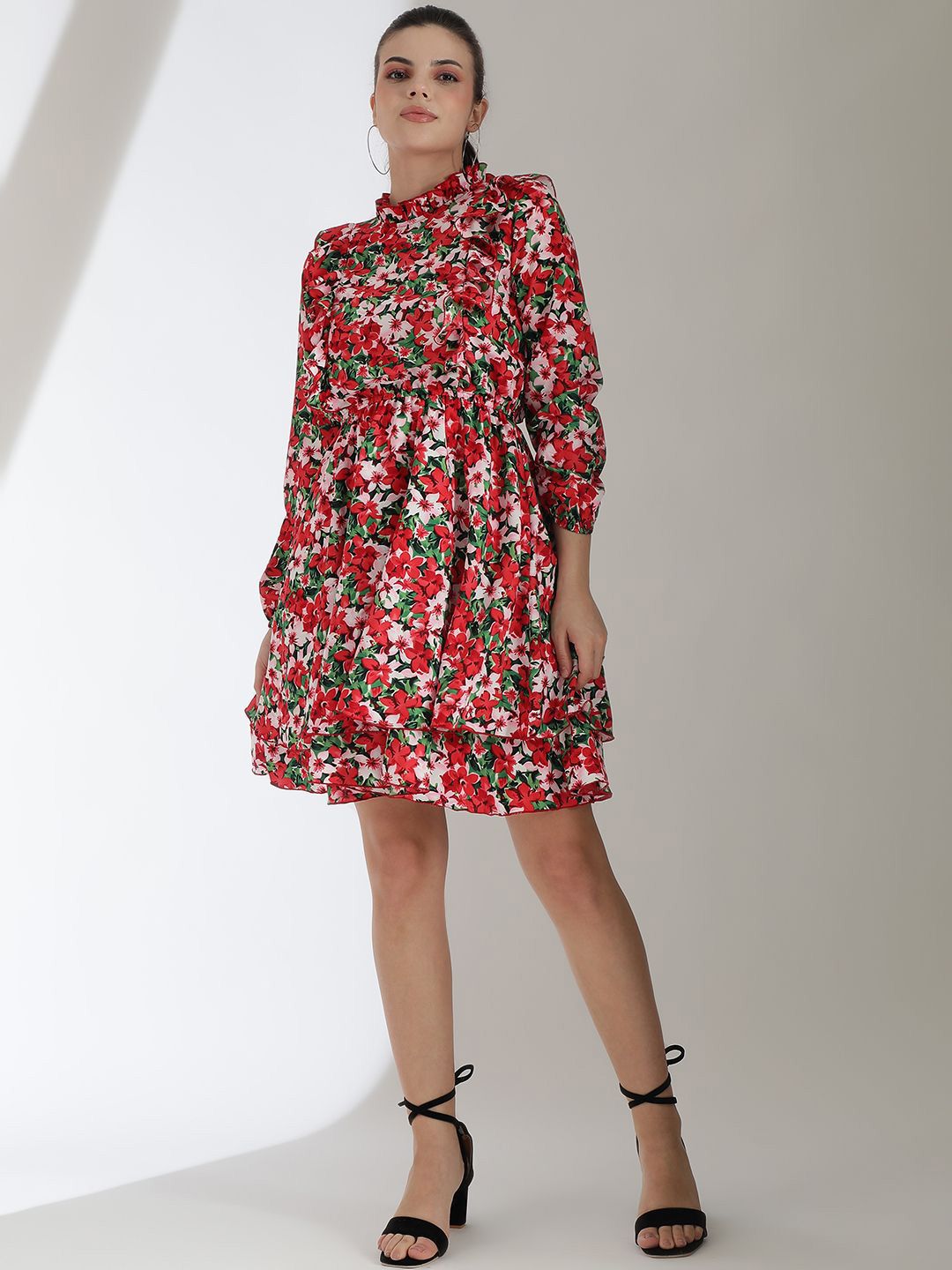 Kotty Women Floral Printed Bishop Sleeve Crepe Fit & Flare Dress