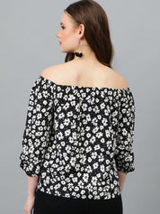 Kotty Women Floral Print Off-Shoulder Puff Sleeves Crepe Top
