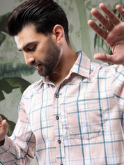 Kotty Men Spread Collar Tartan Checked Casual Shirt