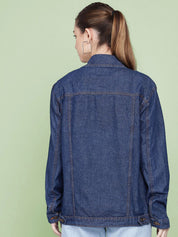 Kotty Women Spread Collar Washed Self Design Cotton Casual Denim Jacket