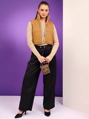 Kotty Women Mock Collar Solid Cotton Insulator Crop Gilet Jacket