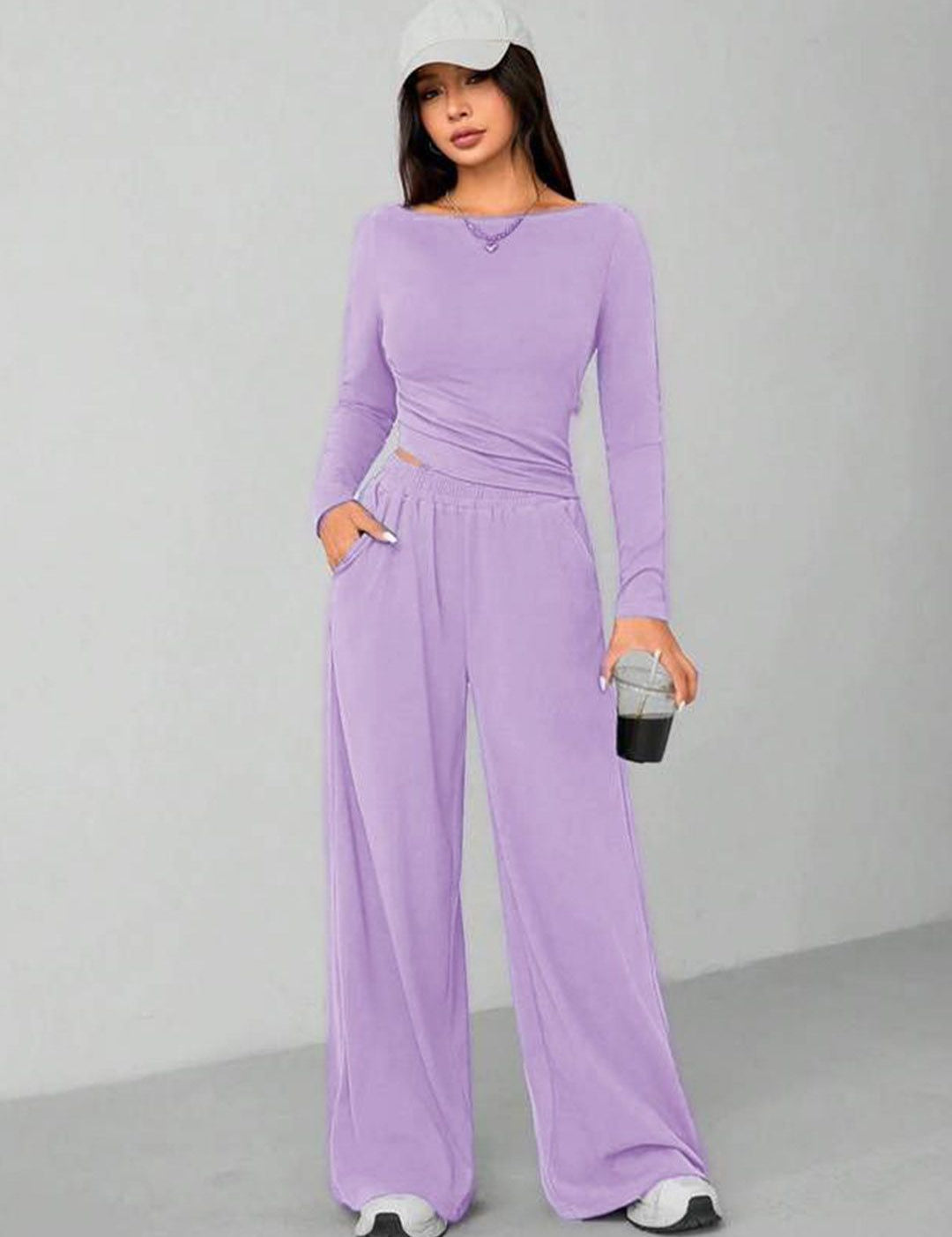 Kotty Round Long Sleeve Crop Top With Wide-Leg Trousers Co-Ords