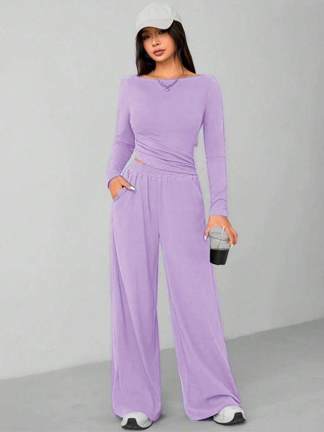 Kotty Round Long Sleeve Crop Top With Wide-Leg Trousers Co-Ords