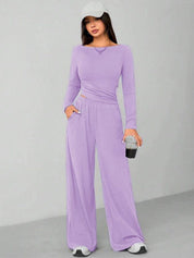 Kotty Round Long Sleeve Crop Top With Wide-Leg Trousers Co-Ords