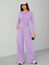 Kotty Round Long Sleeve Crop Top With Wide-Leg Trousers Co-Ords
