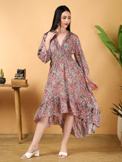 Kotty Printed V-Neck High-Low Hem Empire Midi Dress