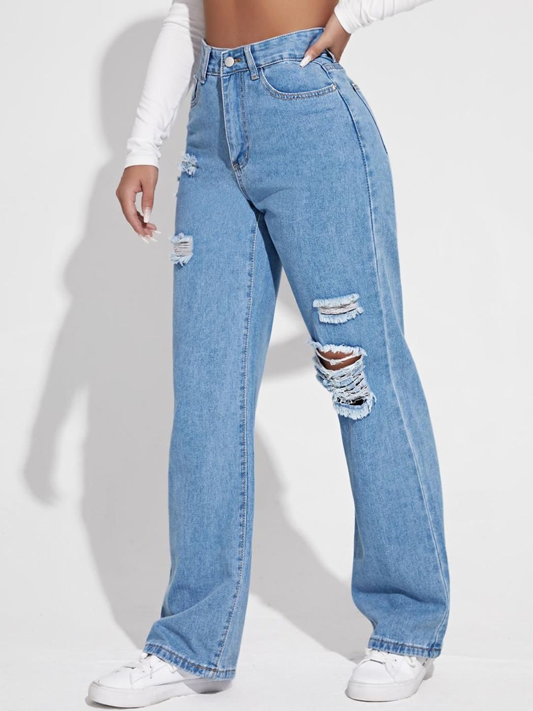 Kotty Women Cotton Straight Fit High-Rise Highly Distressed Jeans