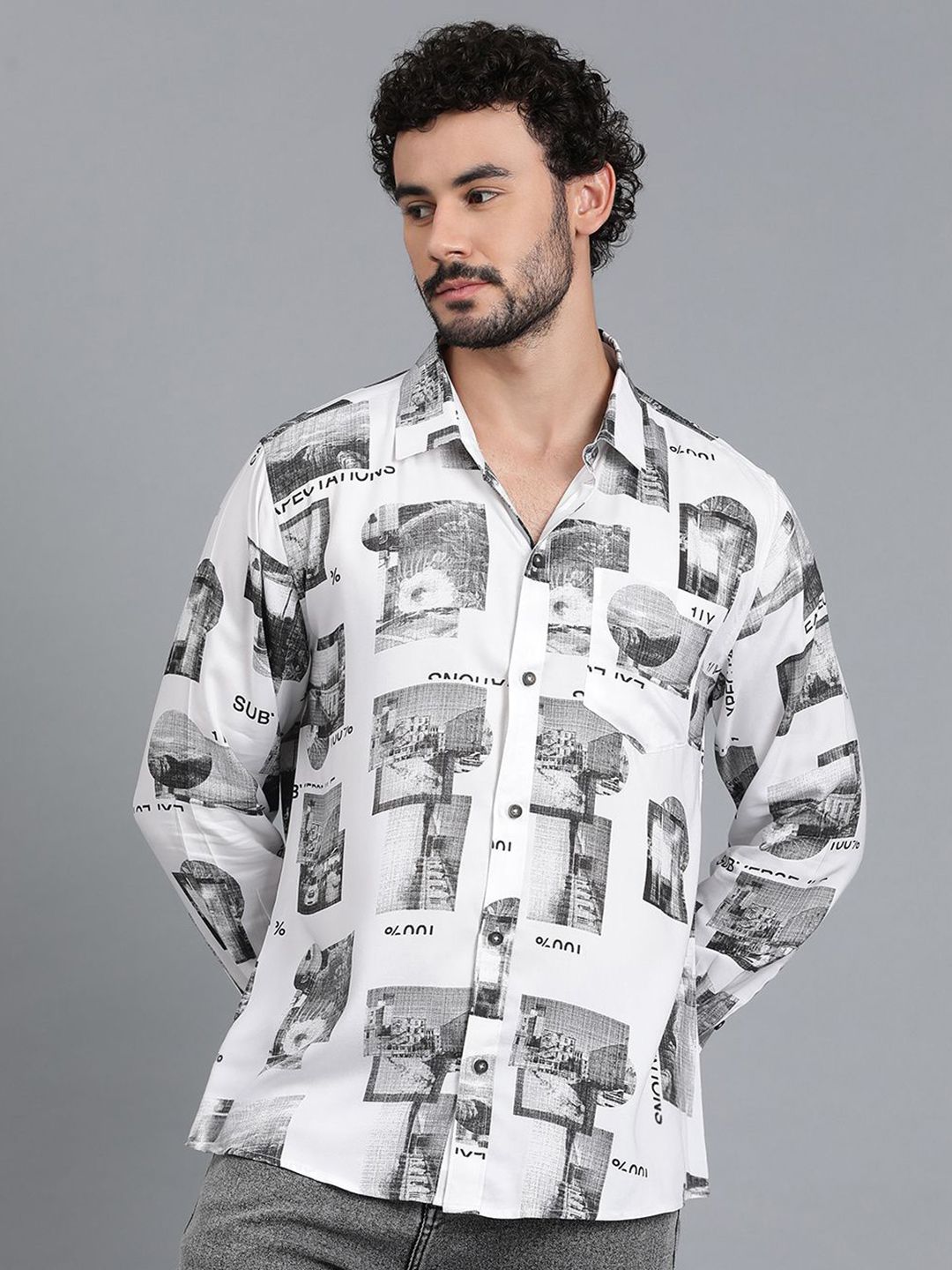 Kotty Men Spread Collar Graphic Printed Cotton Casual Shirt