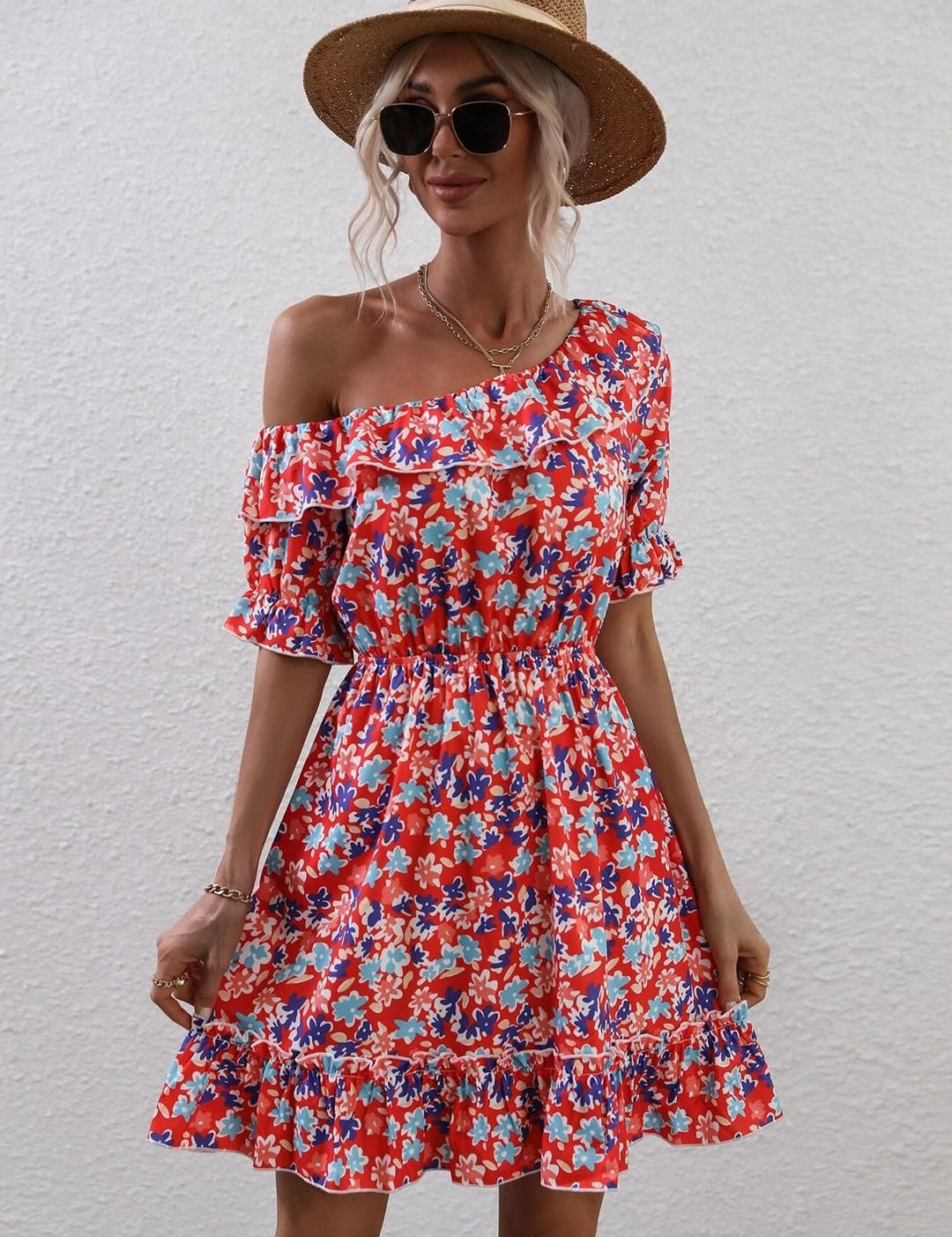 Kotty Floral Printed Flared One Shoulder Fit & Flare Dress
