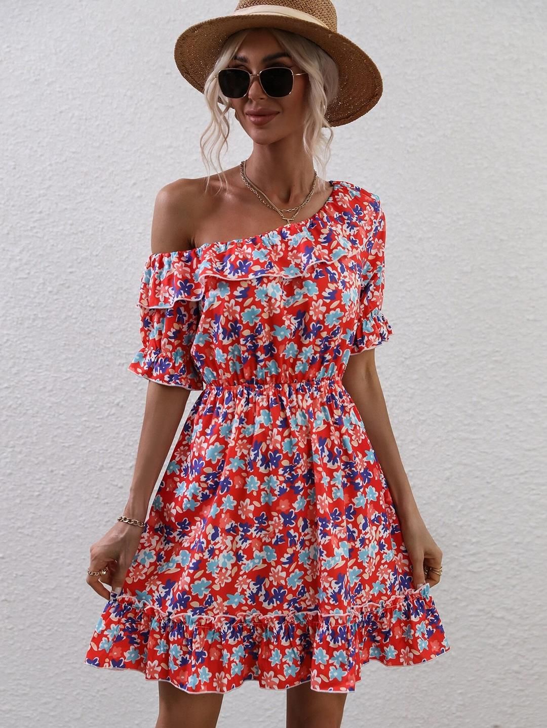 Kotty Floral Printed Flared One Shoulder Fit & Flare Dress