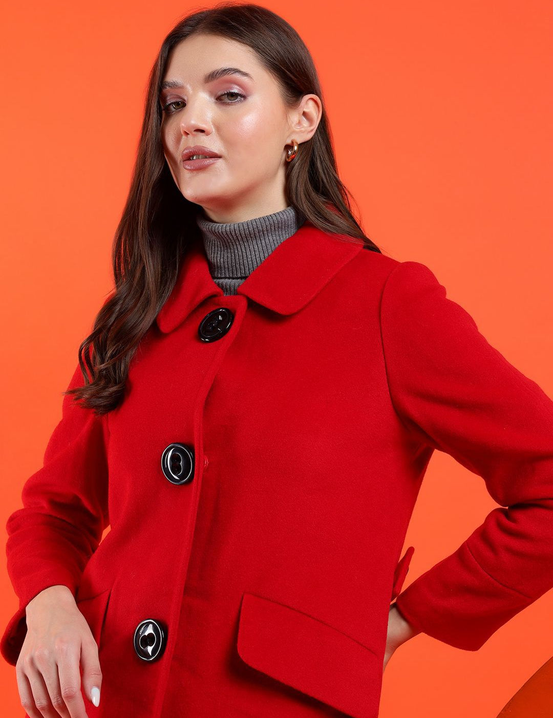 Kotty Women Solid Spread Collar Overcoat