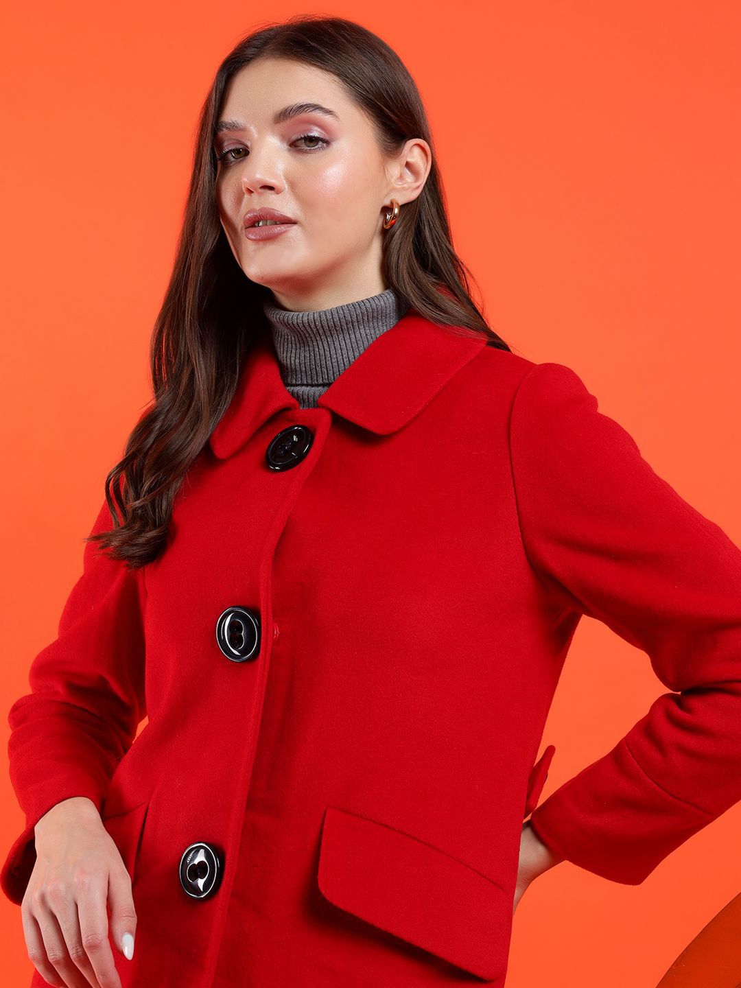 Kotty Women Solid Spread Collar Overcoat