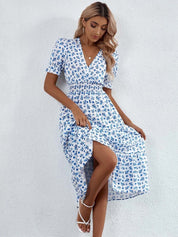 Kotty Women Floral Printed Puff Sleeves Smocked Wrap Midi Dress