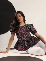 Kotty Women Floral Printed Puff Sleeve Peplum Top