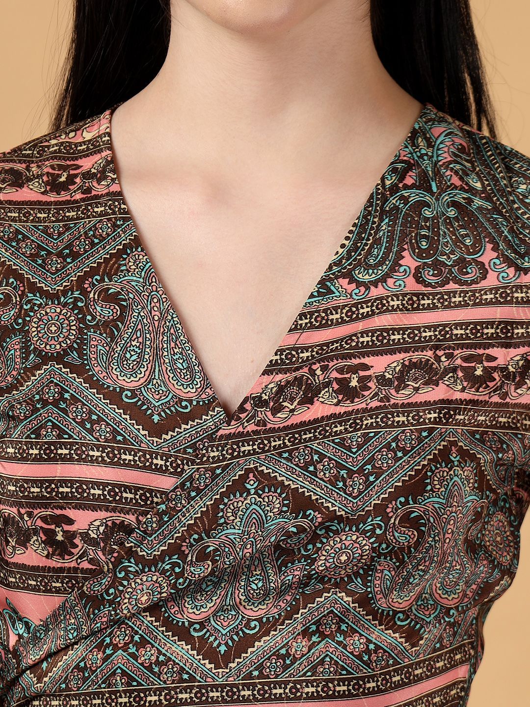 Kotty Floral Print Bell Sleeve Crepe Wrap Crop Top