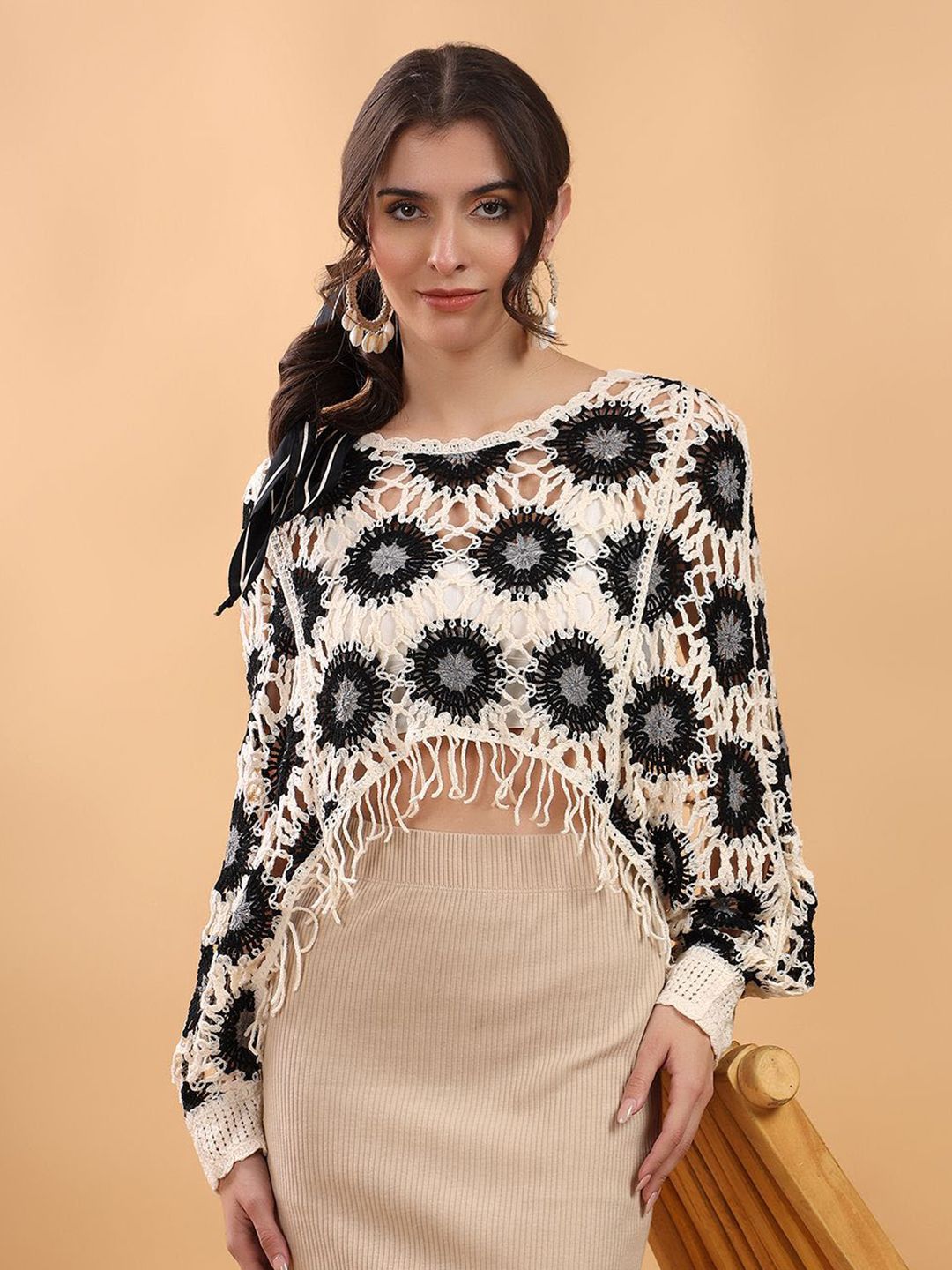 Kotty Women Embellished Crochet Fringe Top