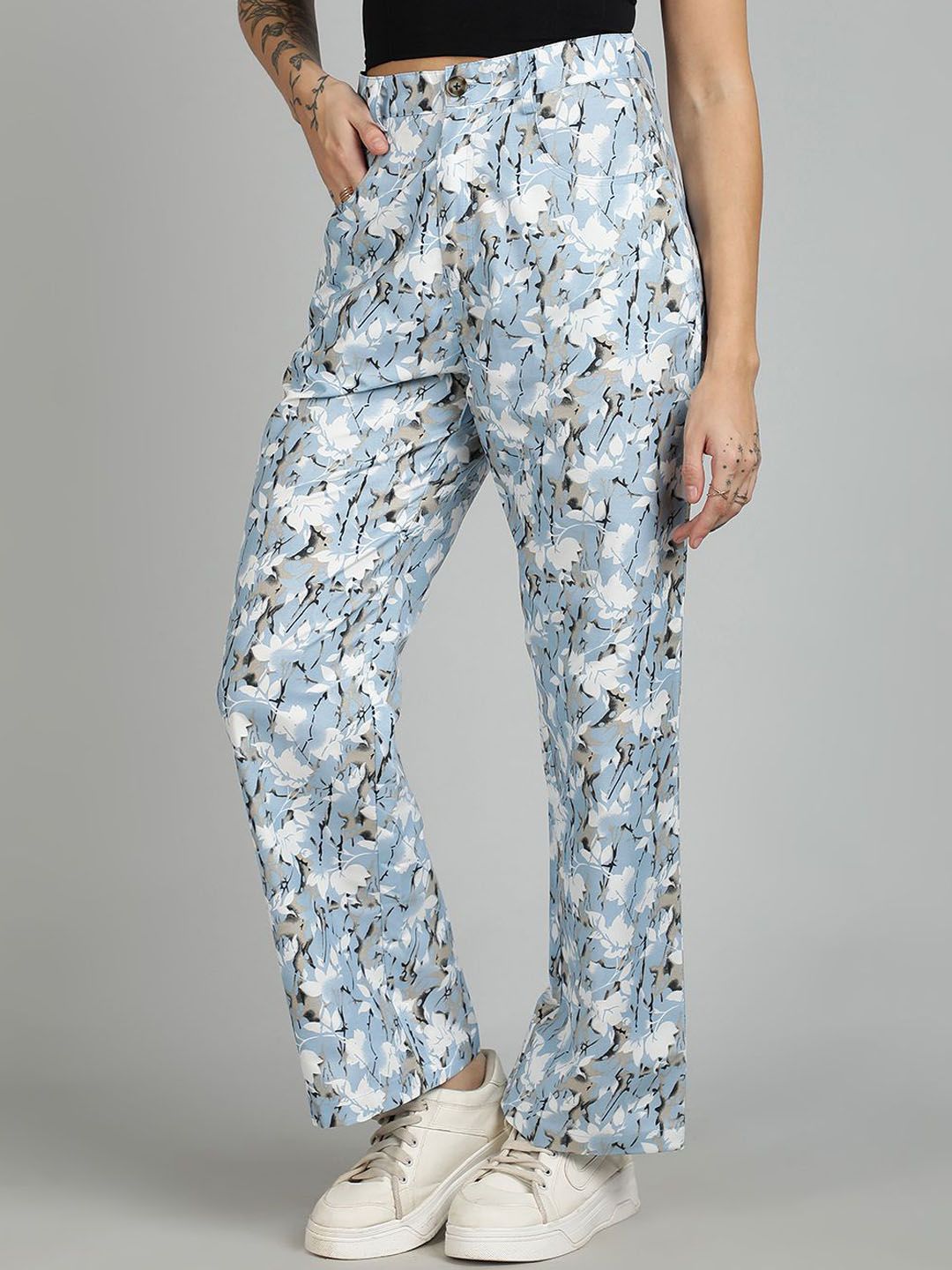Kotty Women Floral Printed Straight Fit High-Rise Trousers