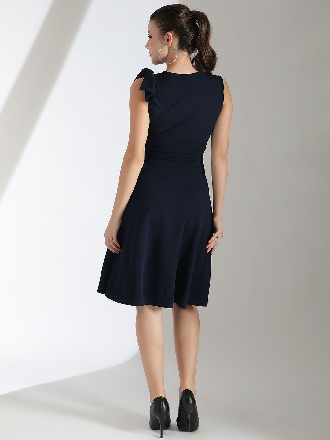 Kotty Solid Round Neck Bow Detailed Fit & Flare Dress