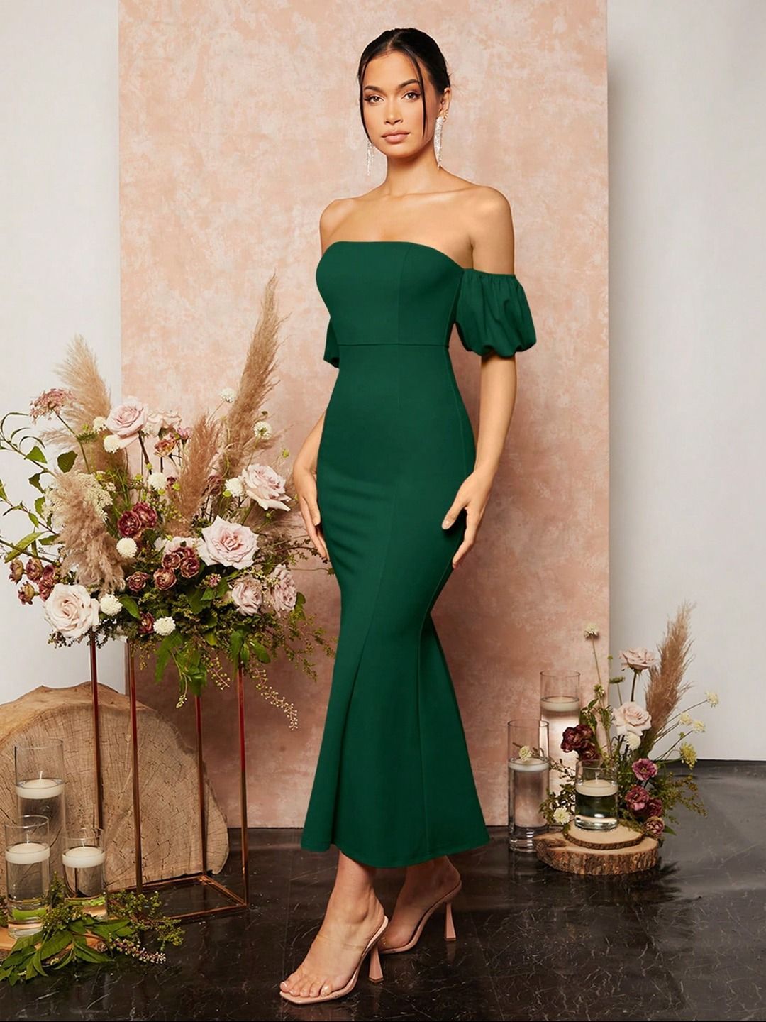 Kotty Women Solid Off-Shoulder Puff Sleeve Bodycon Midi Dress