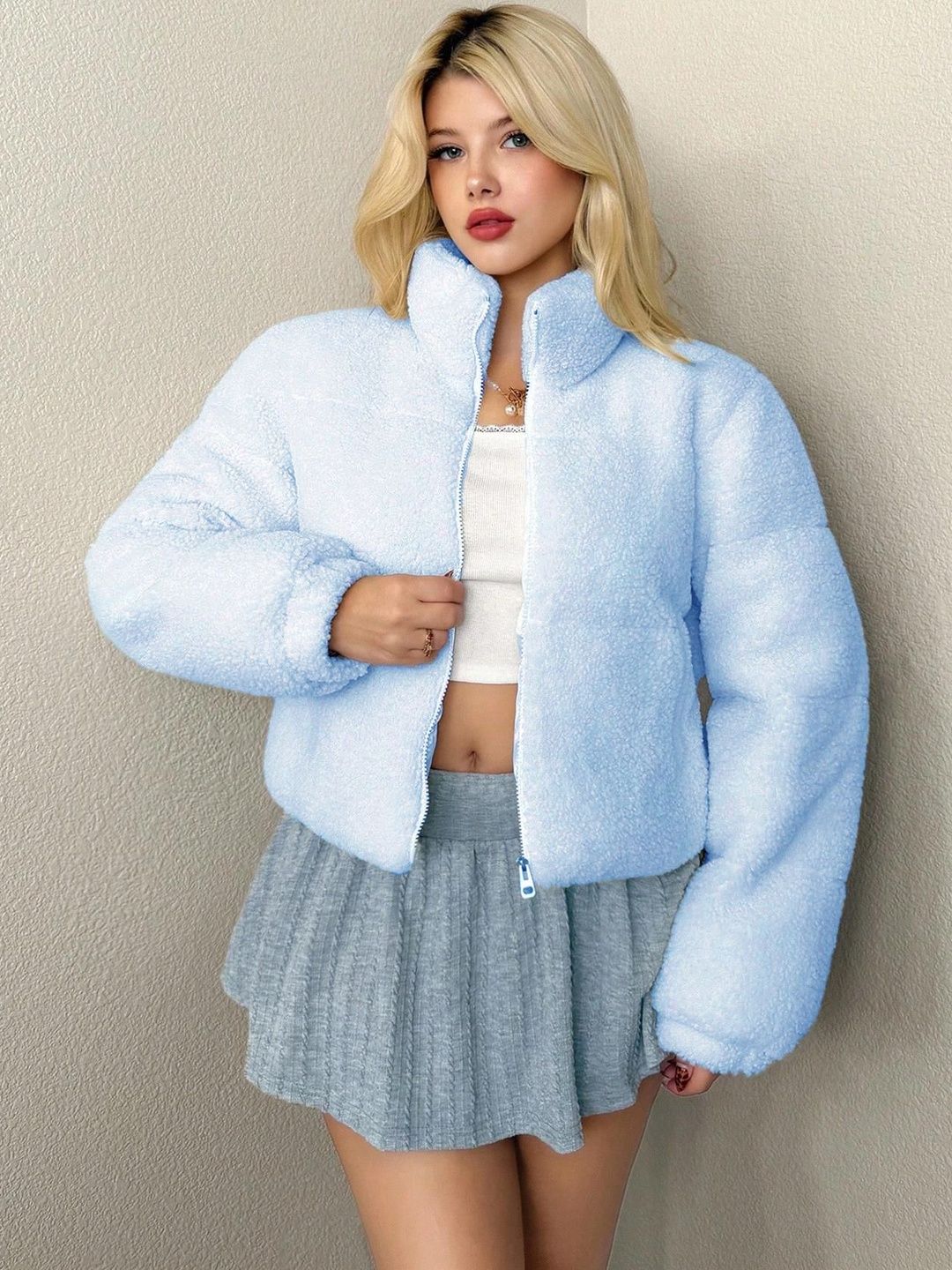 Kotty Women Stand Collar Self Design Open Front Jacket