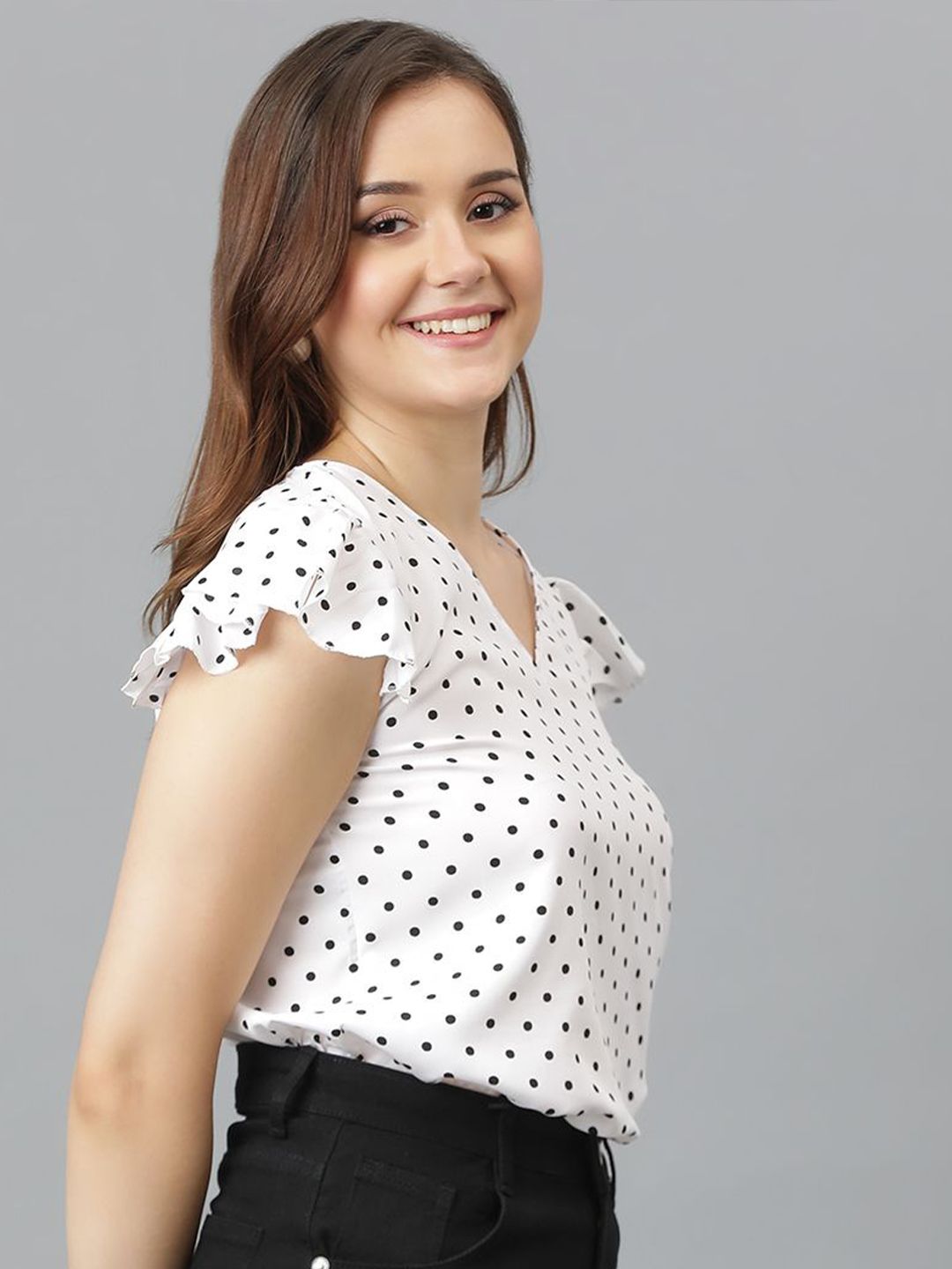 Kotty Polka Dot Print Flutter Sleeve Crepe Top