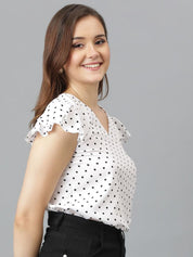 Kotty Polka Dot Print Flutter Sleeve Crepe Top