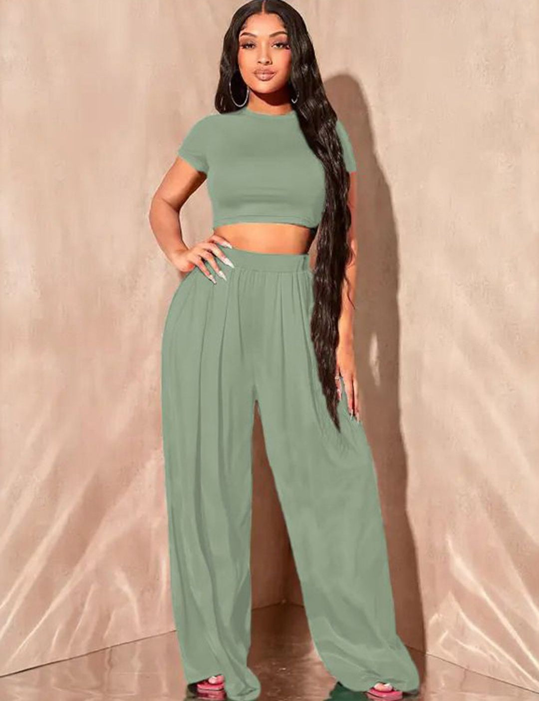 Kotty Round Neck Crop Top With Wide-Leg Trousers Co-Ords