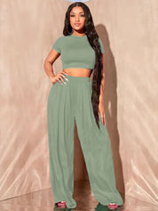 Kotty Round Neck Crop Top With Wide-Leg Trousers Co-Ords
