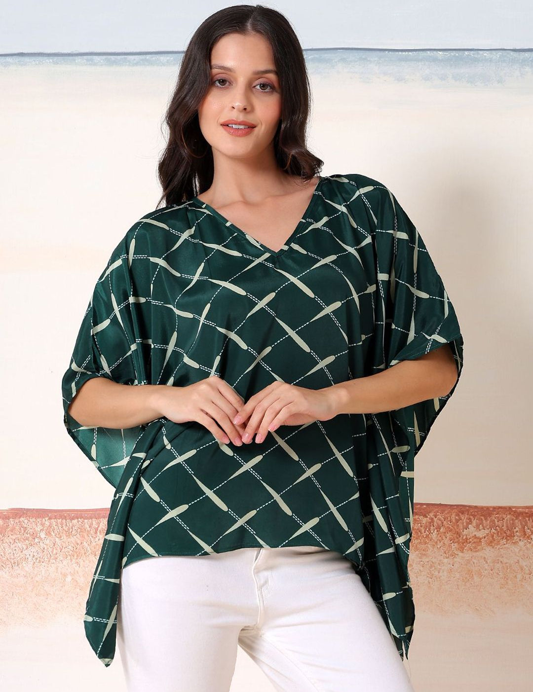 Kotty Women Checked Batwing Sleeve Satin Kaftan Top