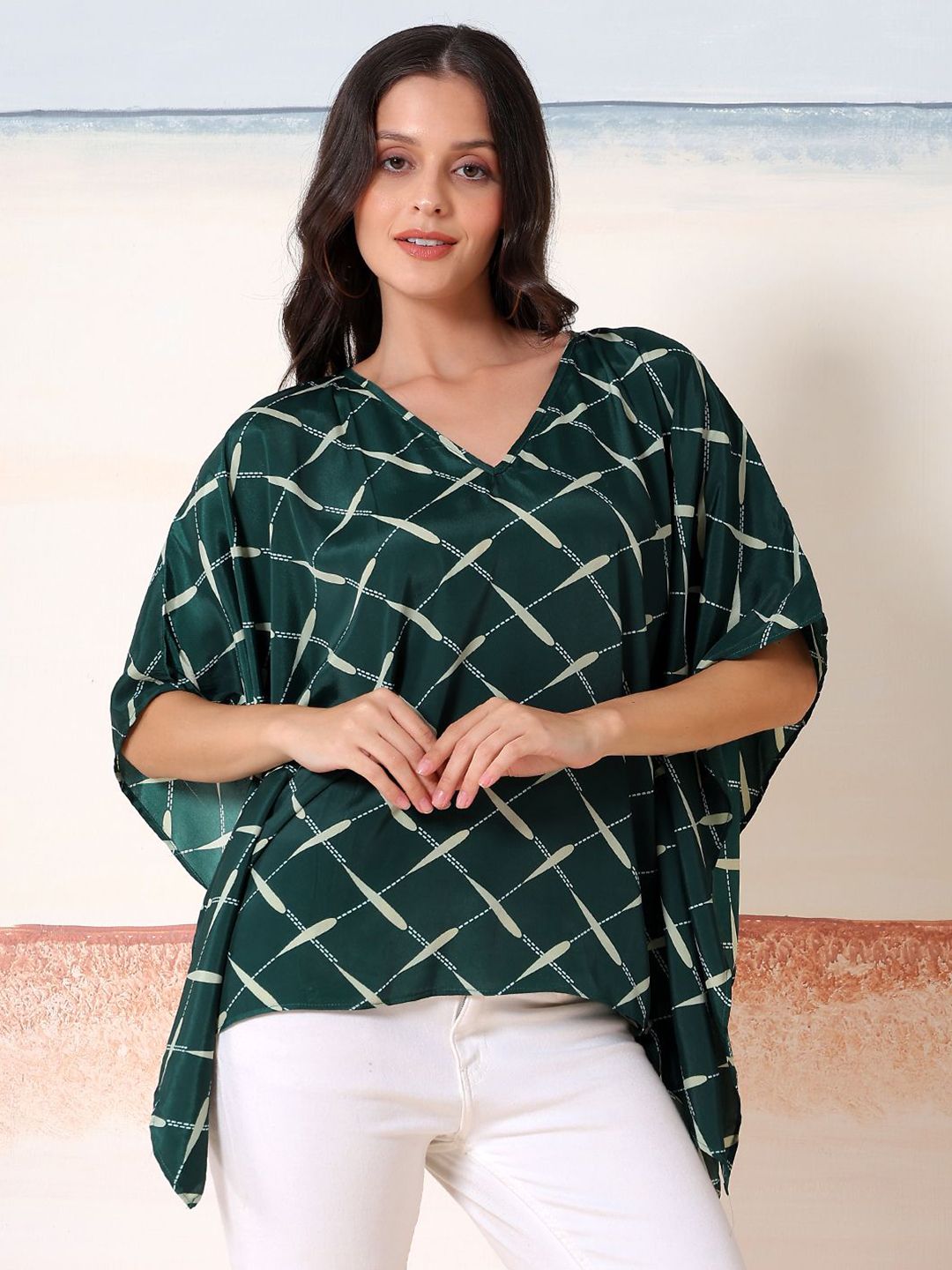 Kotty Women Checked Batwing Sleeve Satin Kaftan Top
