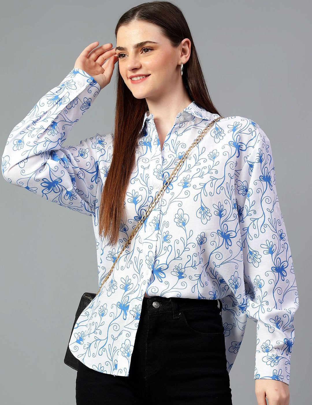Kotty Women Comfort Spread Collar Floral Printed Cotton Oversized Casual Shirt
