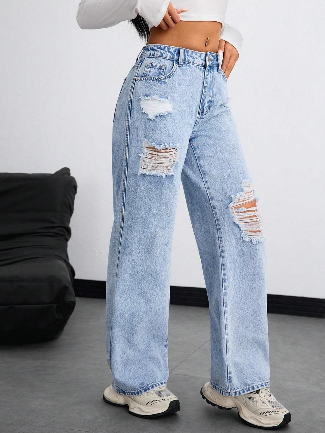 Kotty Women Straight Fit High-Rise Highly Distressed Stretchable Jeans