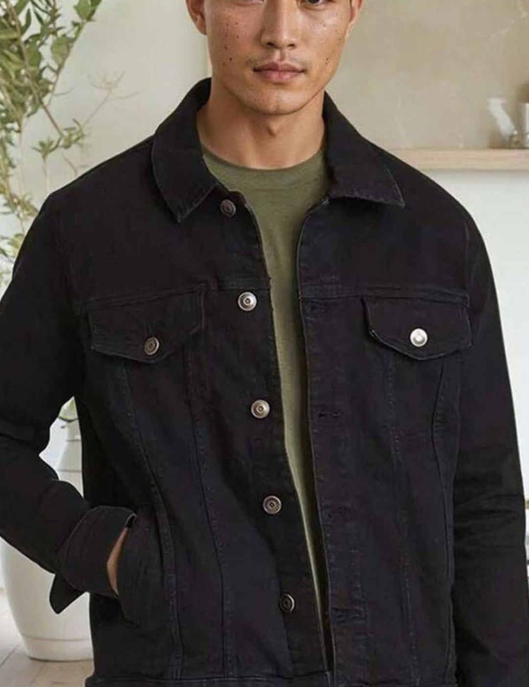 Kotty Men Spread Collar Solid Denim Jacket