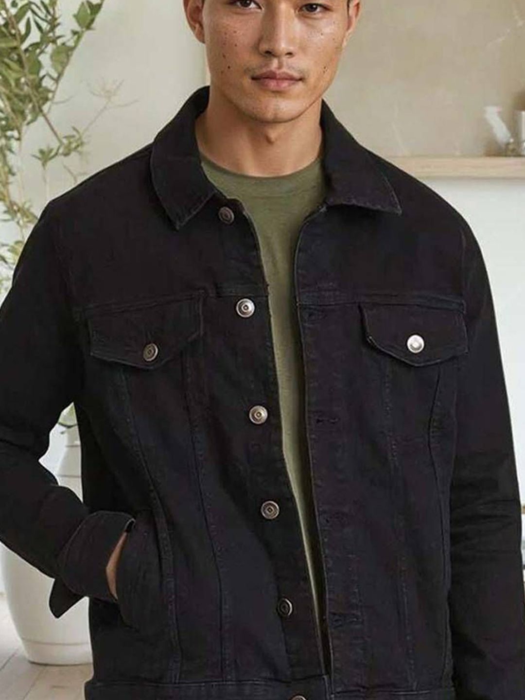 Kotty Men Spread Collar Solid Denim Jacket