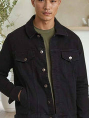 Kotty Men Spread Collar Solid Denim Jacket