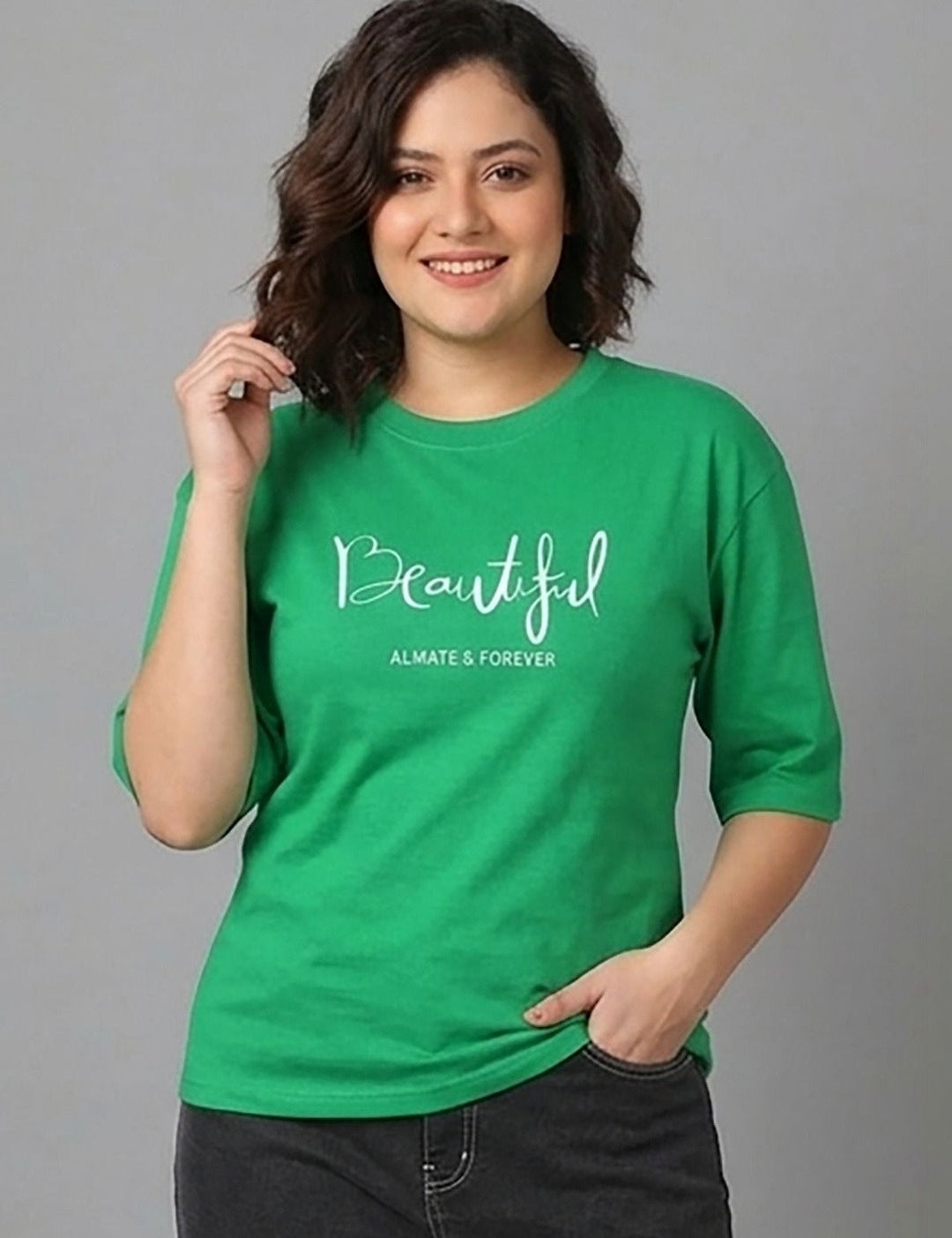 Kotty Women Typography Printed Three-Quarter Sleeves T-shirt