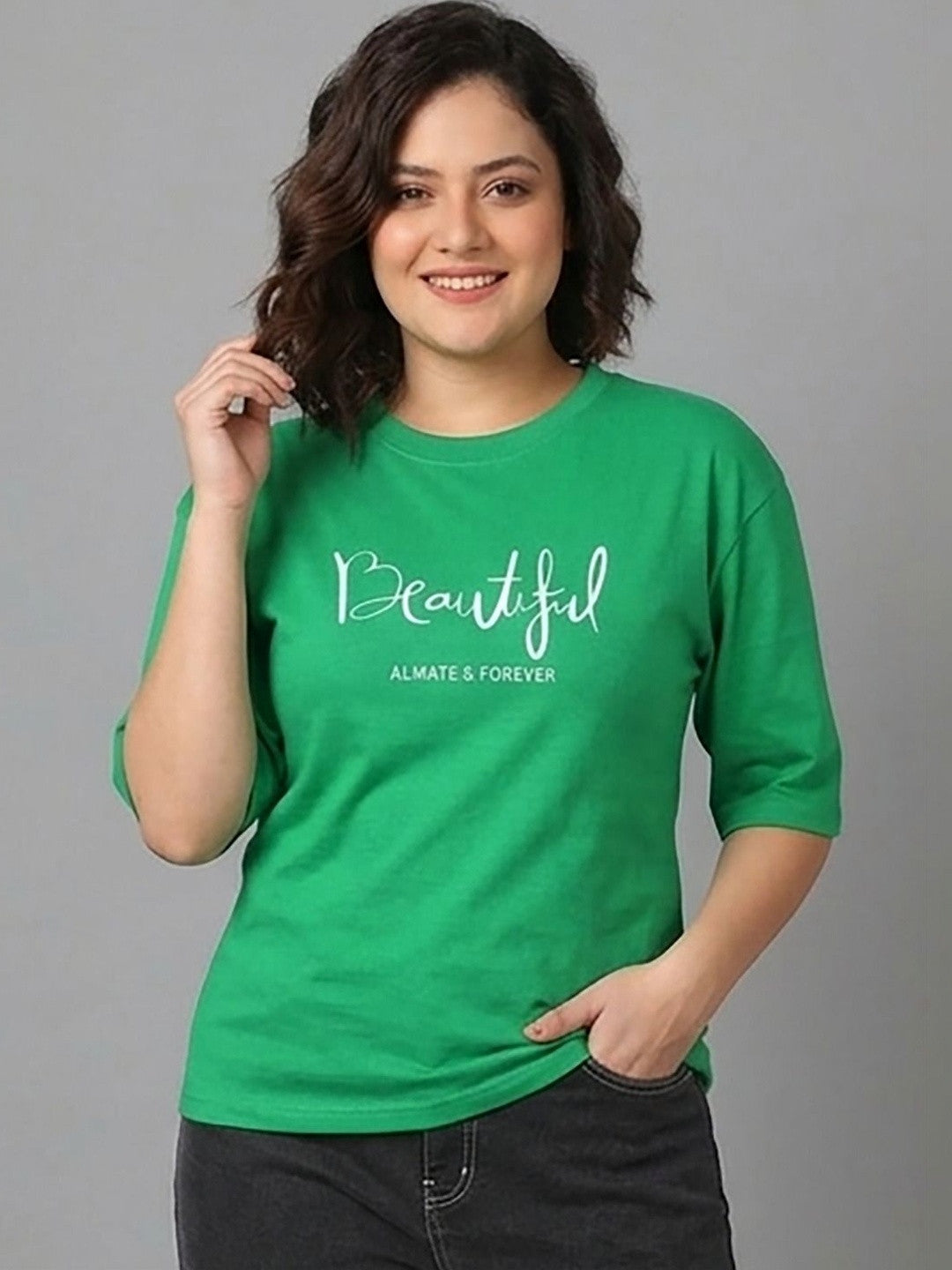 Kotty Women Typography Printed Three-Quarter Sleeves T-shirt