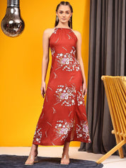 Kotty Print Halter Neck Crepe A-Line Midi Dress