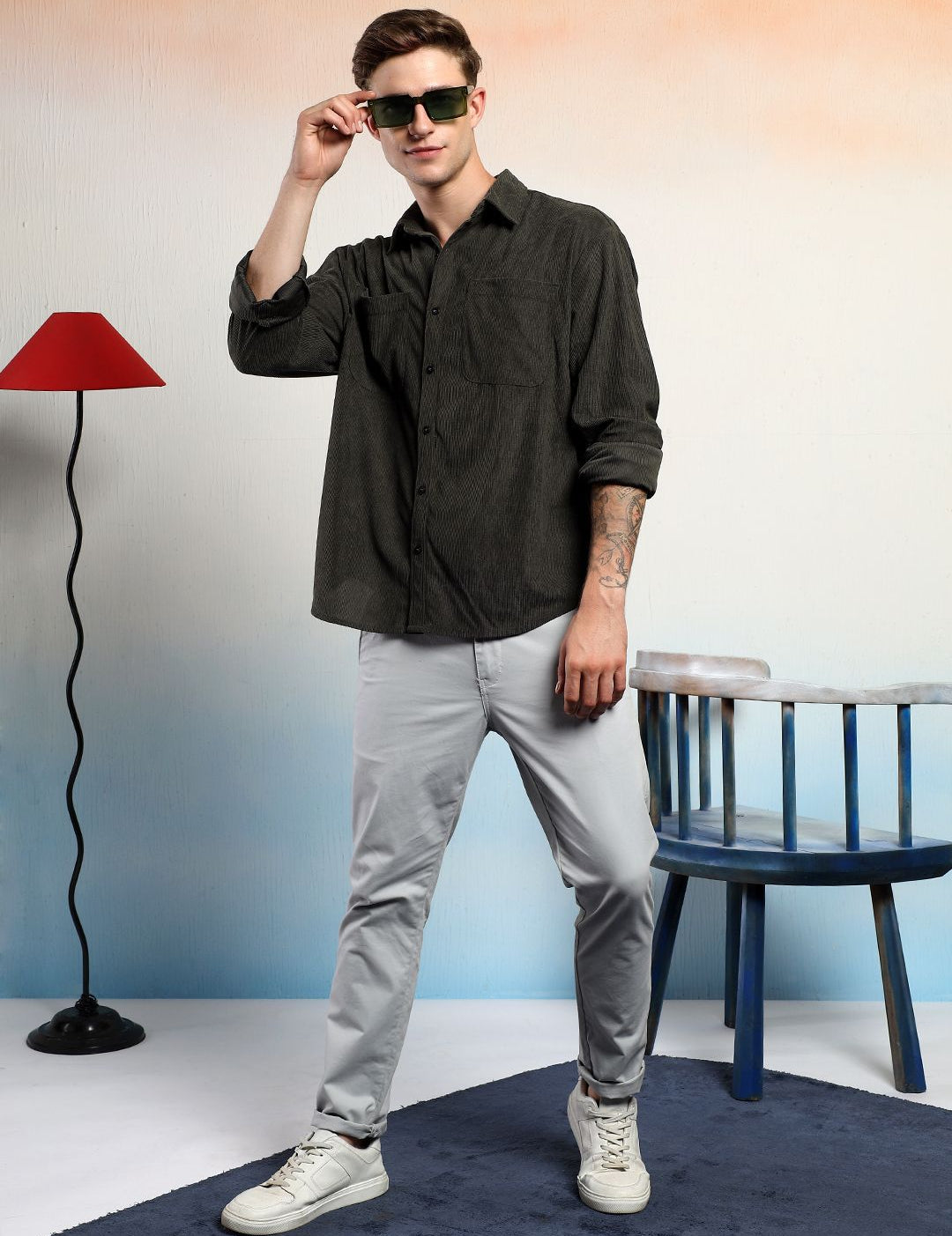 Kotty Vertical Stripes Cotton Spread Collar Short Sleeves Shirt