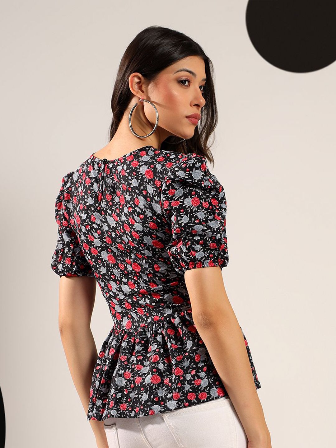 Kotty Women Floral Printed Puff Sleeve Peplum Top