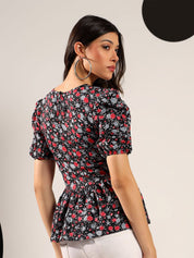 Kotty Women Floral Printed Puff Sleeve Peplum Top