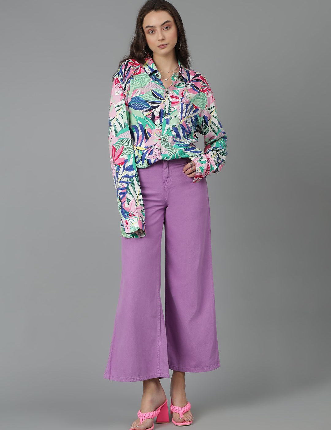 Kotty Women Spread Collar Floral Printed Cotton Oversized Casual Shirt