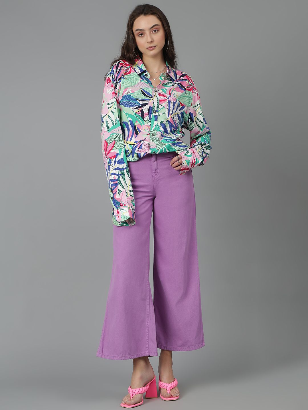 Kotty Women Spread Collar Floral Printed Cotton Oversized Casual Shirt